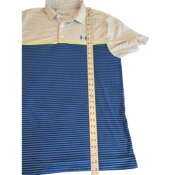 Under Armour Shirt Mens Med White Blue Polo Stripe Loose Heat Gear Short Sleeve - Picture 4 of 5